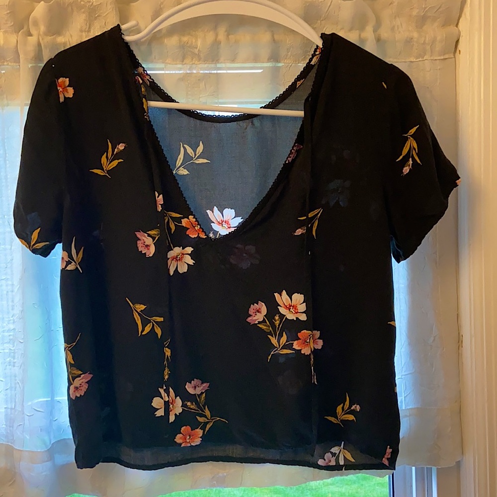 Floral low cut blouse, black, purple, pink colors, soft material
